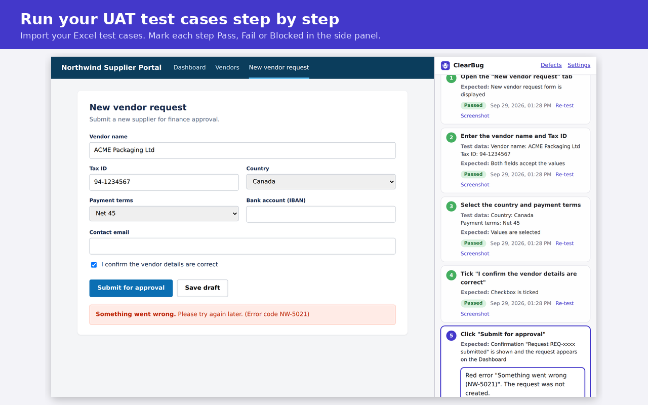 ClearBug running a test case next to a web page